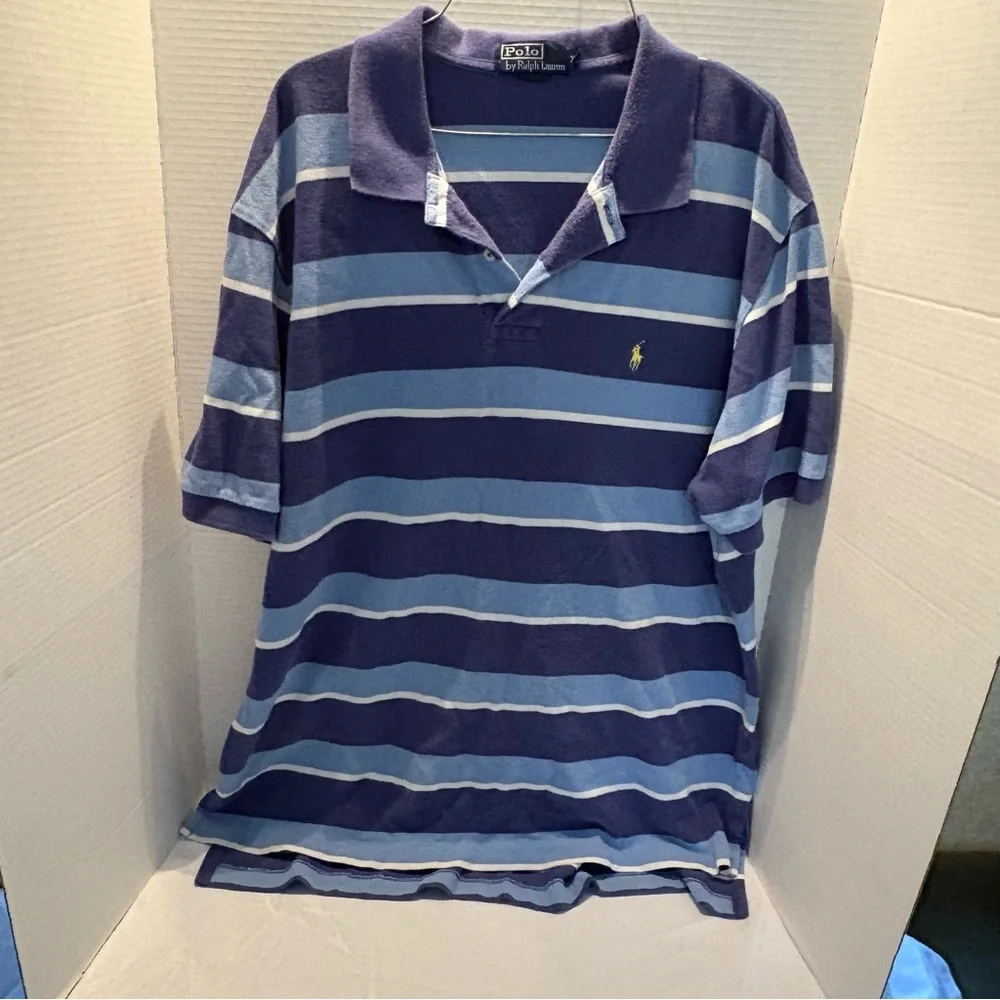 Vintage Polo Ralph Lauren Men's Polo with Navy and Light Blue Stripes